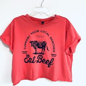 Support your local Ranchers, Eat Beef. Coral black cropped tee shirt, cowgirl
